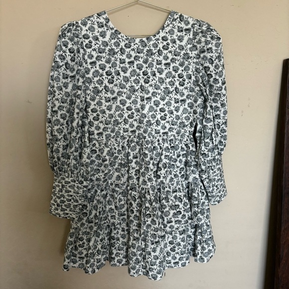 LoveShackFancy Paris Dandelion Print Long Puff Sleeve Ruffle Mini Dress 4 - Picture 3 of 11